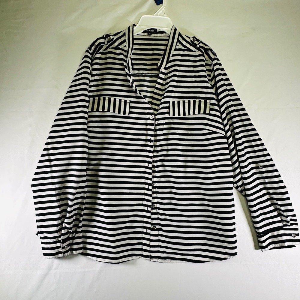 Elementz Black and White Horizontal Striped Blouse Long Sleeve Collared Woman 3X